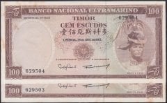 Timor  100 Escudos 1963 Çilaltı Seri Takipli( Kat Yok Çerçevede Sararmalar Var) Pick 28