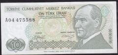 7.Emisyon 1.Tertip 10 Lira A04 475588 Çok Temiz+ ( Uzun Kaş )