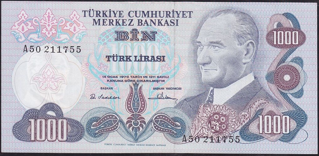 6.Emisyon 1.Tertip 1000 Lira A50 211755 Çok Çok Temiz+