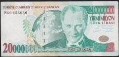 7.Emisyon 20 000 000 Lira H69 456666 Çok Temiz