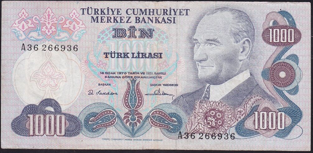 6.Emisyon 1.Tertip 1000 Lira A36 266936 Çok Temiz