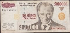 7.Emisyon 5 000 000 Lira H64 300864 Çok Temiz