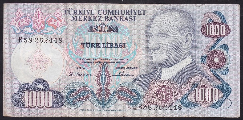 6.EMİSYON 1.TERTİP 1000 LİRA B58 262448 ÇOK TEMİZ +