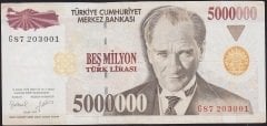 7.Emisyon 5 000 000 Lira G87 203001 Çok Temiz+