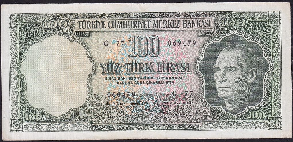 5.Emisyon 6.Tertip 100 Lira G77 069479 Çok Temiz+