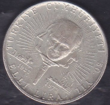 1973 Yılı 50 Lira Türkiye Cumhuriyeti 50. Yıl Gümüş ( 13 gram )