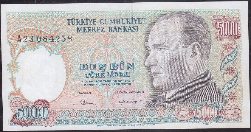 7.Emisyon 1.Tertip 5000 Lira A23 084258 Çilaltı Çil