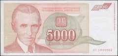 Yugoslavya 5000 Dinar 1993 Çok Çok Temiz +