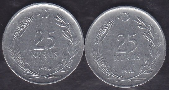 1974 Yılı 25 Kuruş (Ters Düz Takım)