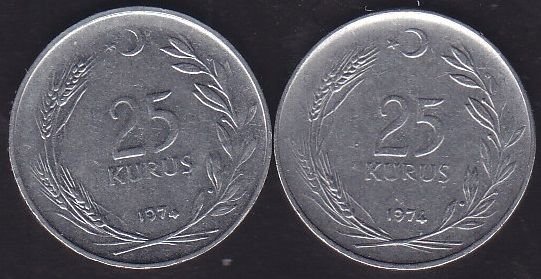 1974 Yılı 25 Kuruş Ters Düz Takım