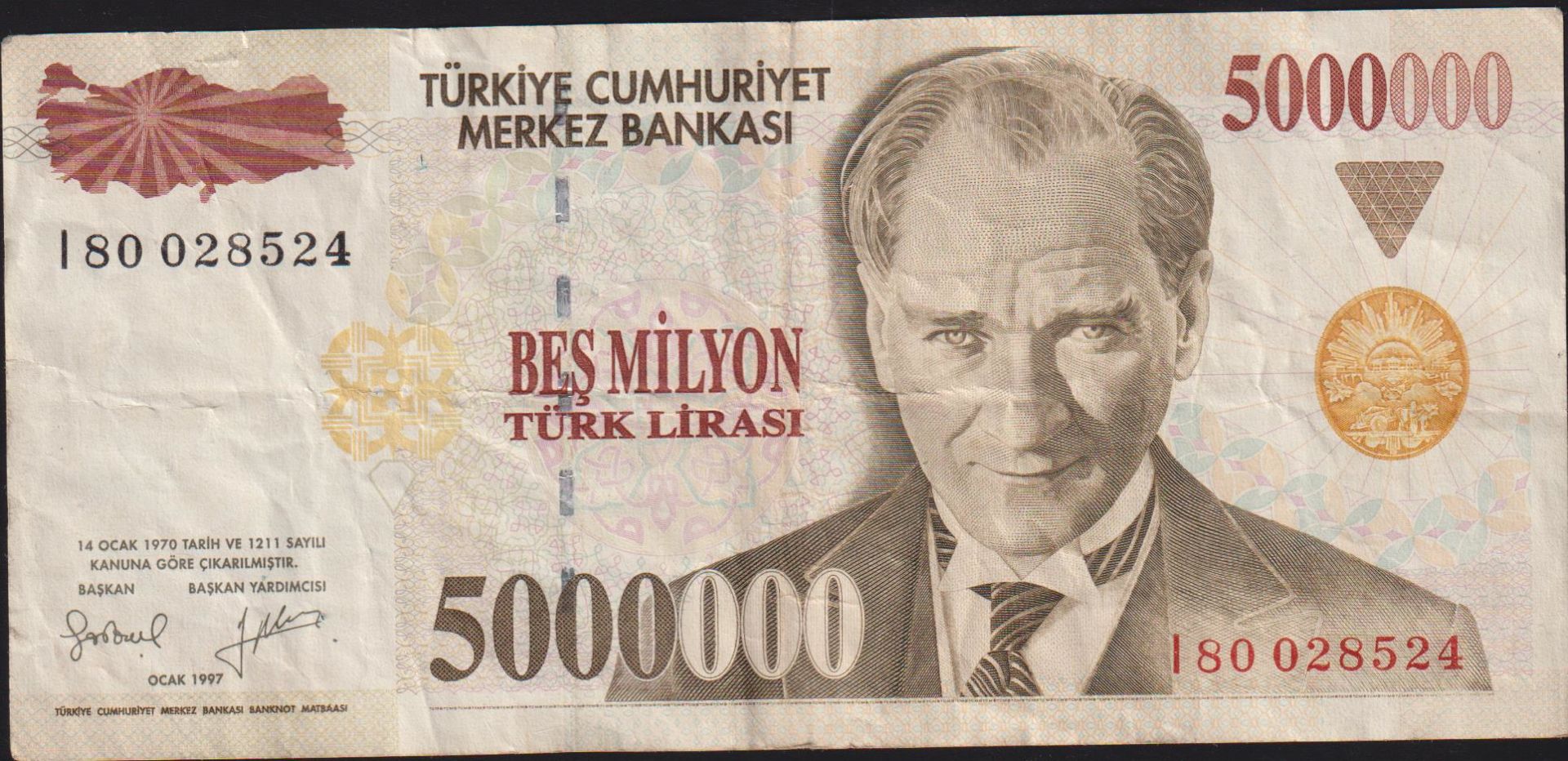 7.Emisyon 5 000 000 Lira I80 028524 Çok Temiz