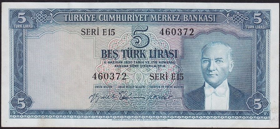 5.Emisyon 2.Tertip 5 Lira E15 460372 Çok Çok Temiz+