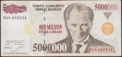 7.Emisyon 5 000 000 Lira H68 432721 Çok Temiz+