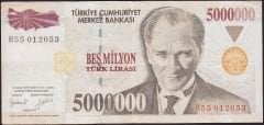 7.Emisyon 5 000 000 Lira H55 012053 Çok Temiz+