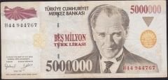 7.Emisyon 5 000 000 Lira H44 944767 Çok Temiz