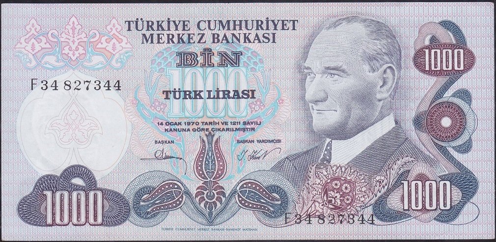 6.Emisyon 3.Tertip 1000 Lira F34 827344 Ççt Çilaltı