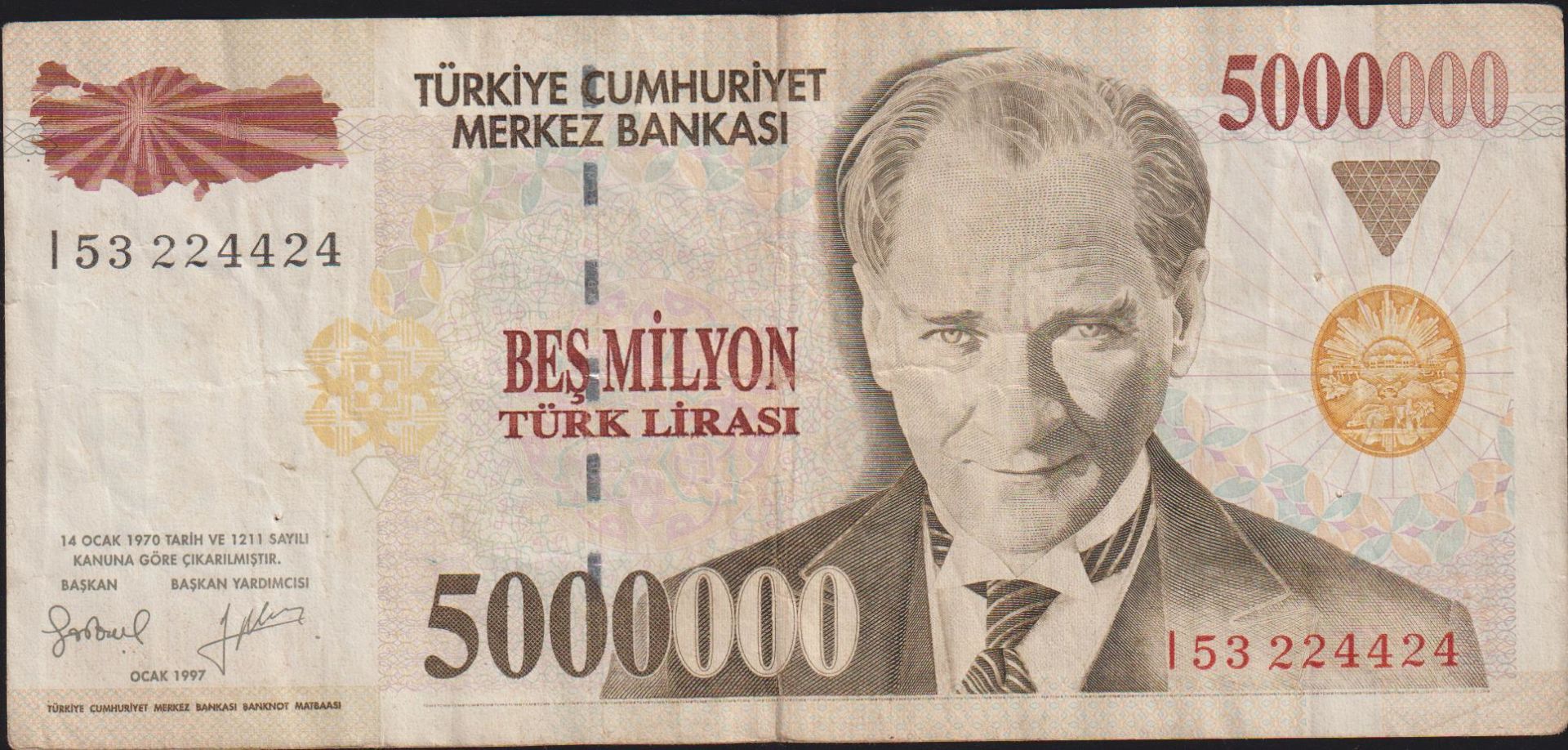 7.Emisyon 5 000 000 Lira I53 224424 Çok Temiz