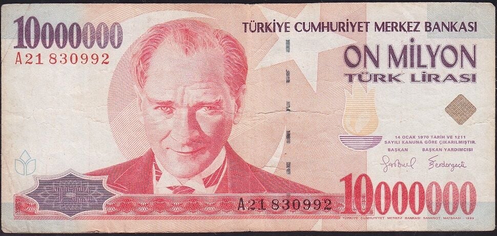 7.Emisyon 10 000 000 Lira A21 830992 Çok Temiz