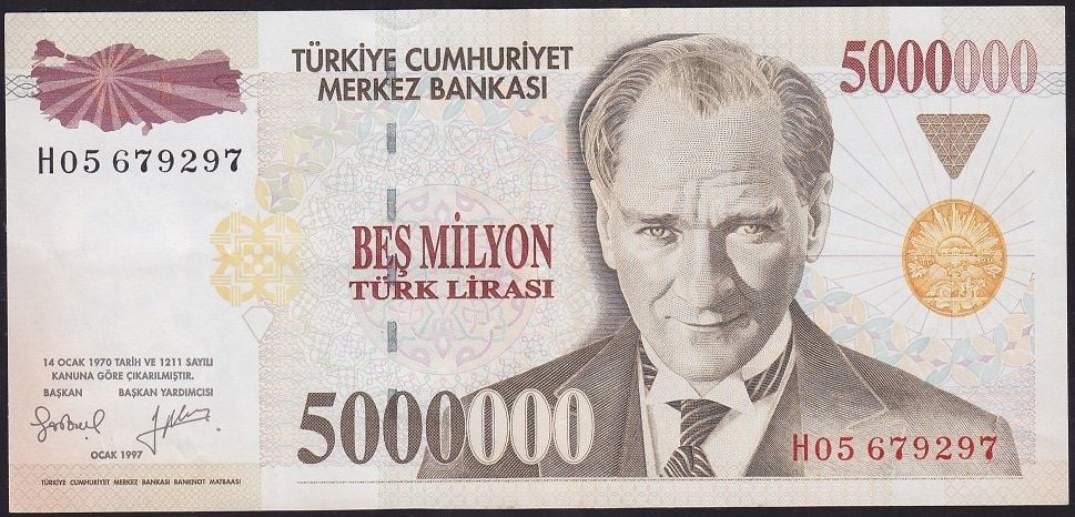 7.Emisyon 5 000 000 Lira H05 679297 Çok Temiz+