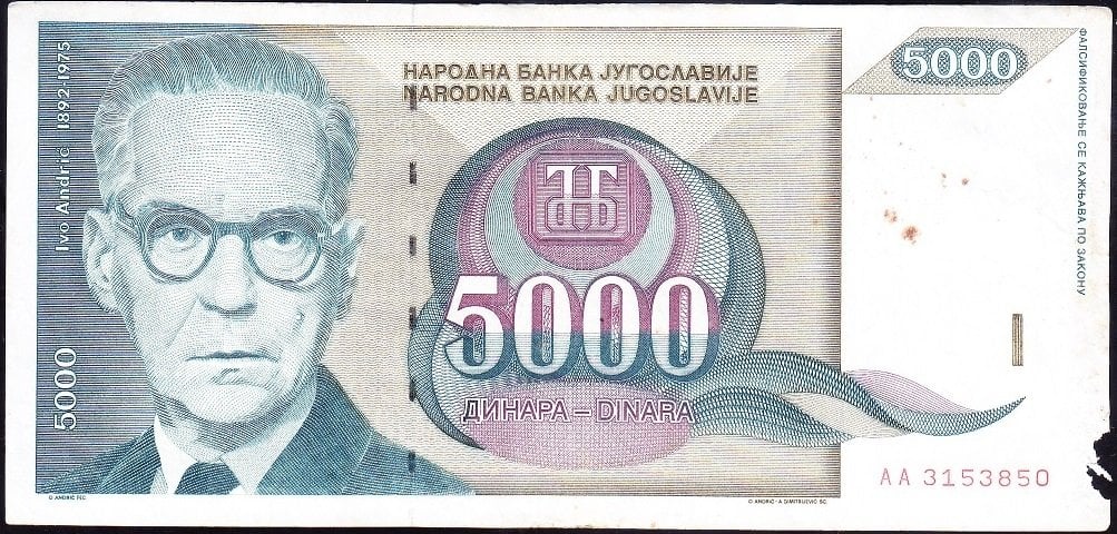 Yugoslavya 5000 Dinar 1992 Haliyle