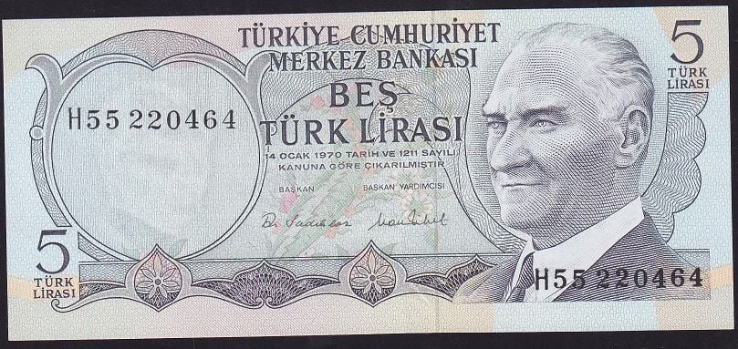 6.Emisyon 2.Tertip 5 Lira H55 220464 Çilaltı