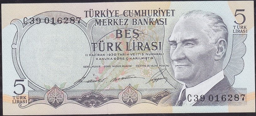 6.Emisyon 1.Tertip 5 Lira C39 016287 Çilaltı Çil