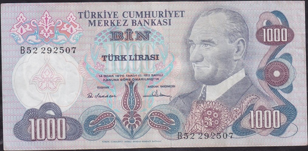 6.Emisyon 1.Tertip 1000 Lira B52 292507 Çok Temiz +