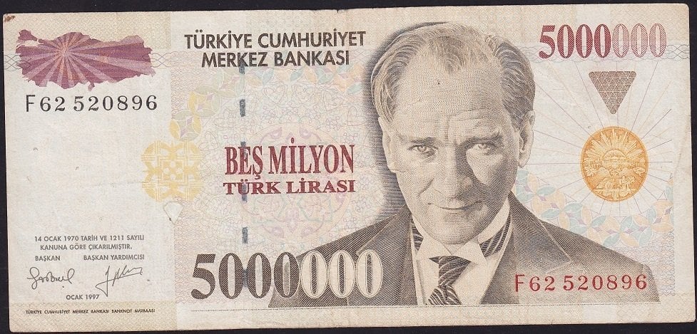 7.Emisyon 5 000 000 Lira F62 520896 Çok Temiz