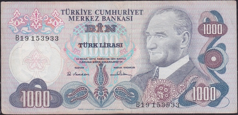 6.Emisyon 1.Tertip 1000 Lira B19 153933 Çok Temiz +