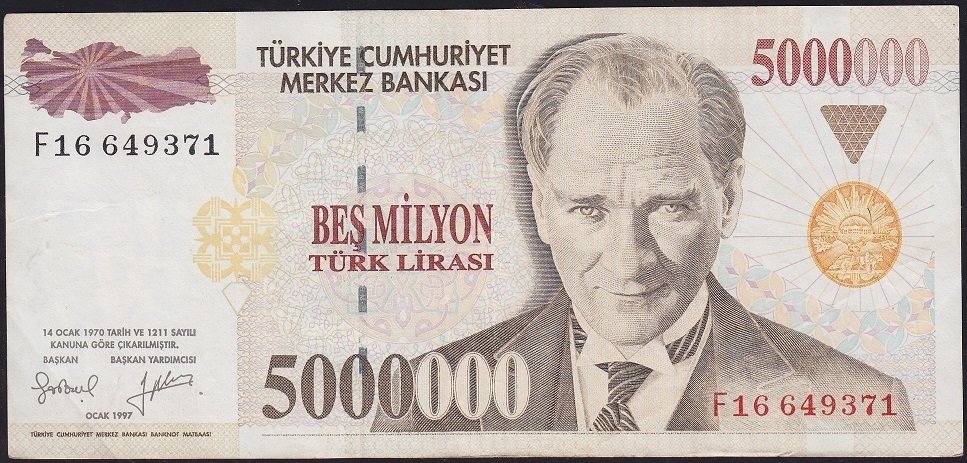 7.Emisyon 5 000 000 Lira F16 649371 Çok Temiz+