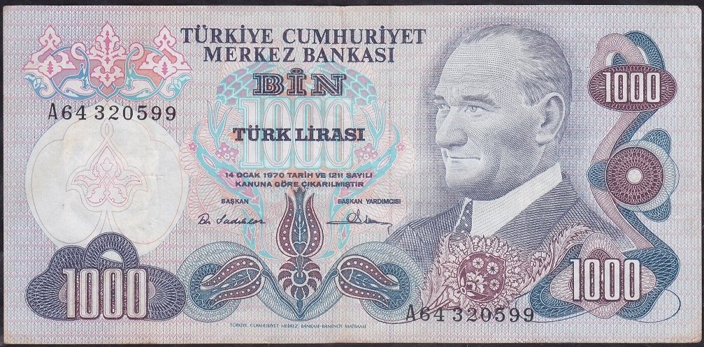 6.Emisyon 1.Tertip 1000 Lira A64 320599 Çok Temiz +