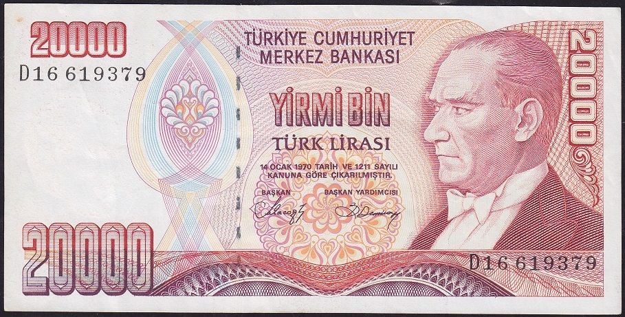 7.Emisyon 1.Tertip 20000 Lira D16 619379 Çok Temiz+