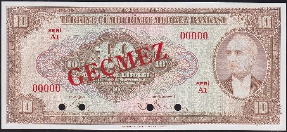 4.Emisyon 2.Tertip 10 Lira A1 00000 Specimen Geçmez Damgalı Çil