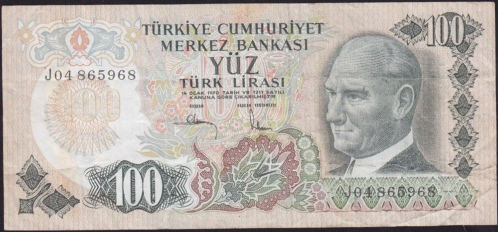 6.Emisyon 3.Tertip 100 Lira J04 865968 Çok Temiz