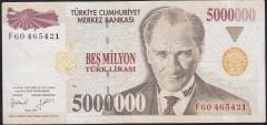 7.Emisyon 5 000 000 Lira F60 465421 Çok Temiz+