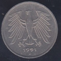 ALMANYA 5 MARK 1991 D SERİSİ ÇOK ÇOK TEMİZ