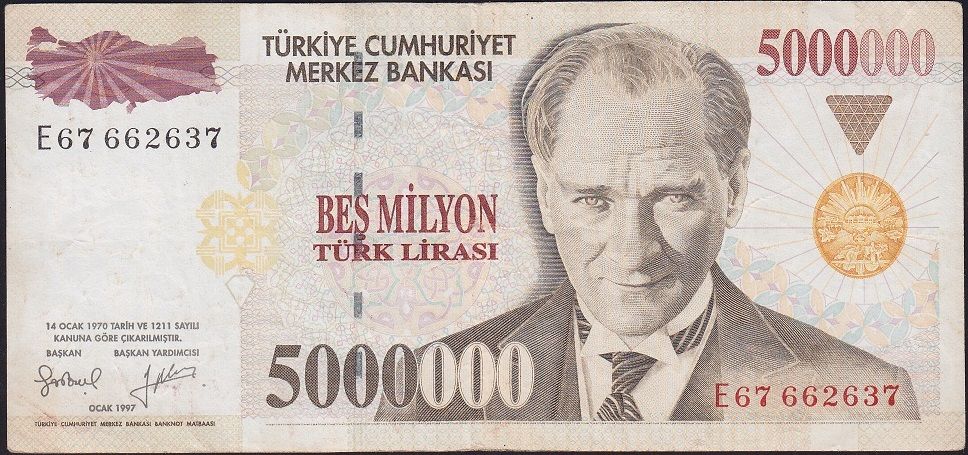 7.Emisyon 5 000 000 Lira E67 662637 Çok Temiz+