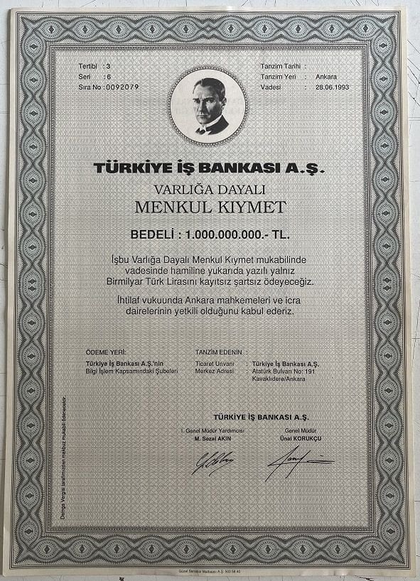 İş Bankası Hisse Senedi 1.000.000.000 Lira