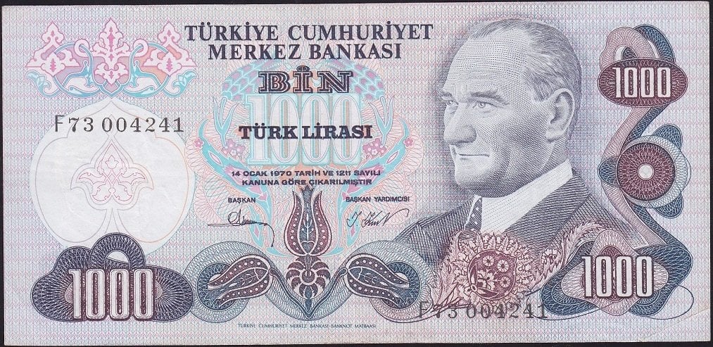 6.Emisyon 3.Tertip 1000 Lira F73 004241 Çok Temiz +