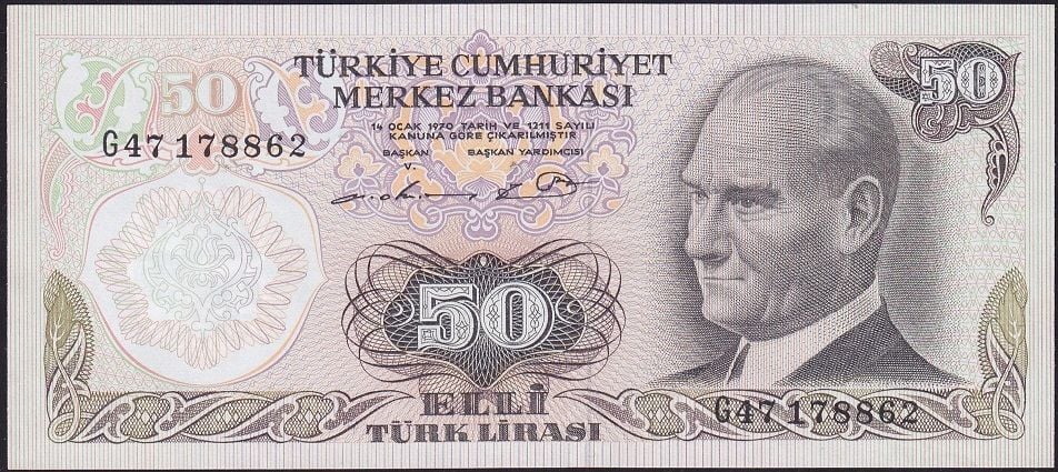 6.Emisyon 1.Tertip 50 Lira G47 178862 Çok Çok Temiz+