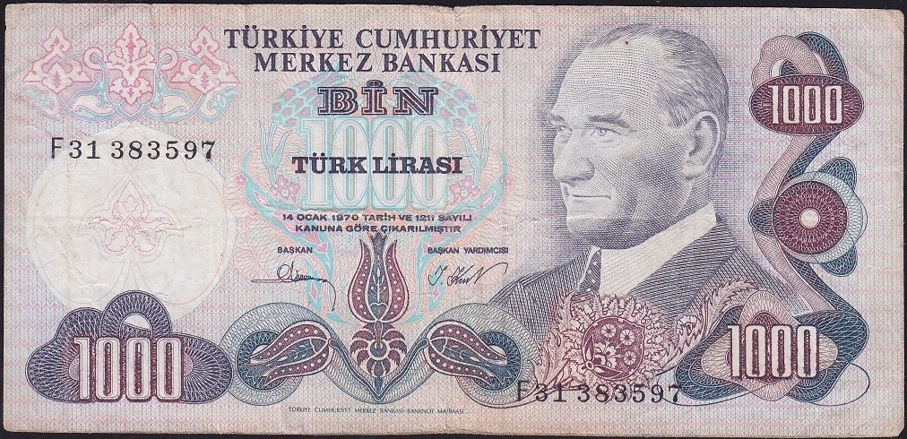 6.Emisyon 3.Tertip 1000 Lira F31 383597 Çok Temiz