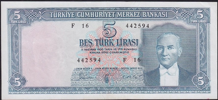 5.Emisyon 3.Tertip 5 Lira F16 442594 Çok Temiz +