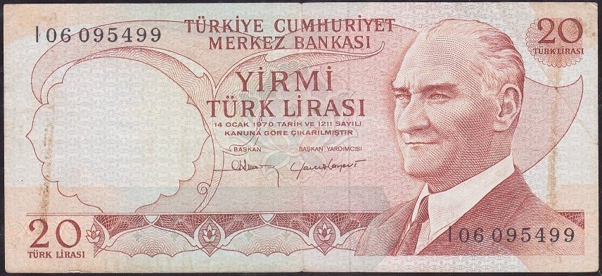 6.Emisyon 4.Tertip 20 Lira I06 095499 Çok Temiz