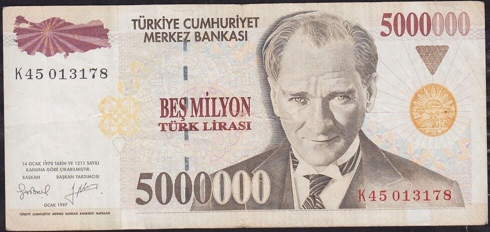 7.Emisyon 5 000 000 Lira K45 013178 Çok Temiz