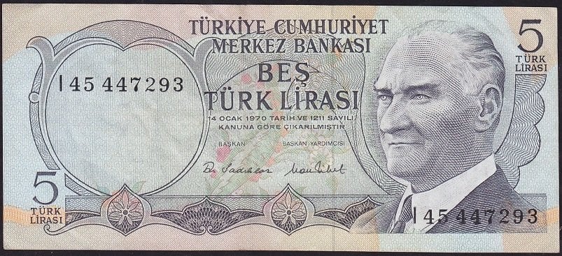 6.Emisyon 2.Tertip 5 Lira I45 447293 Çok Temiz+