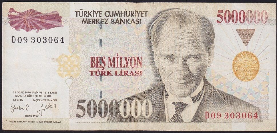 7.Emisyon 5 000 000 Lira D09 303064 Çok Temiz+