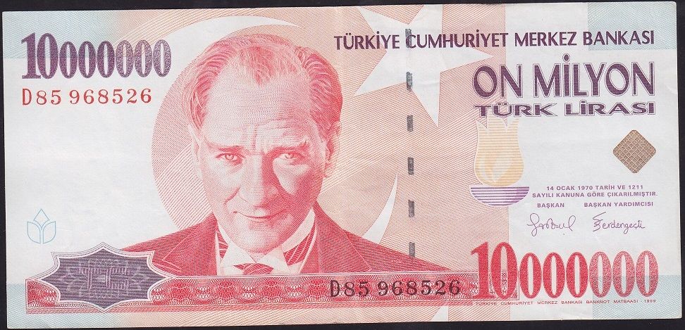 7.Emisyon 10 000 000 Lira D85 968526 Çok Temiz+