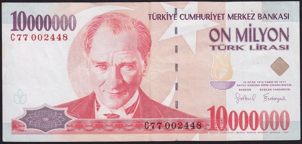 7.Emisyon 10 000 000 Lira C77 002448 Çok Temiz+