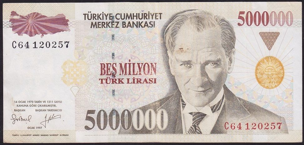 7.Emisyon 5 000 000 Lira C64 120257 Çok Temiz+