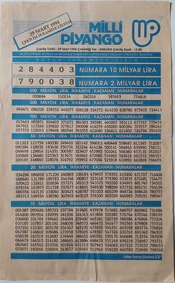 1994 29 Mart Piyango Listesi